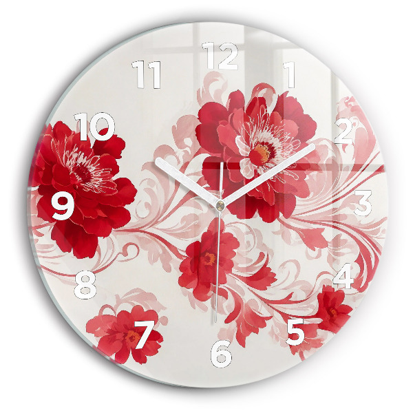 Wanduhr glas rund Rote Blumen