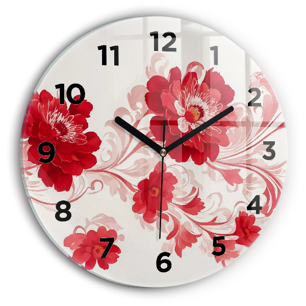 Wanduhr glas rund Rote Blumen