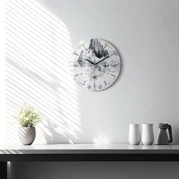 Wanduhr rund Zeichnung Berge