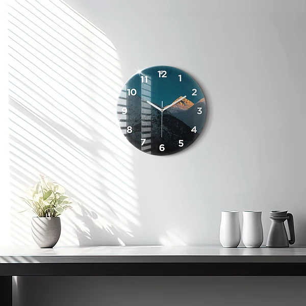 Wanduhr glas rund Sonnenuntergang in den Bergen
