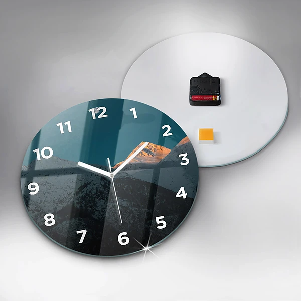 Wanduhr glas rund Sonnenuntergang in den Bergen