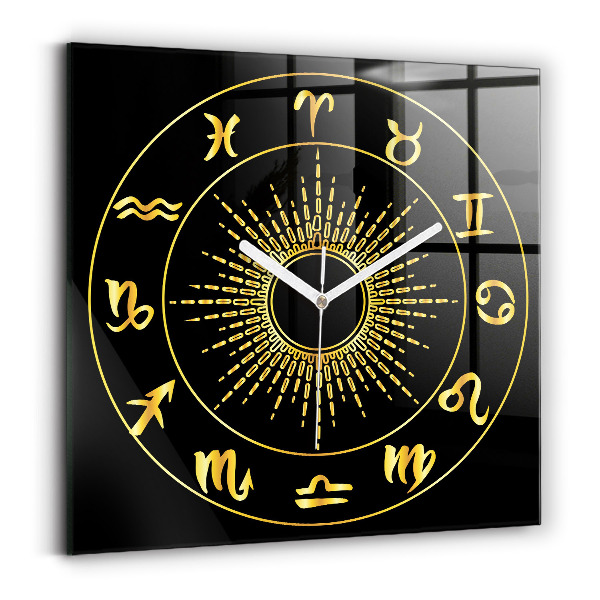 Wanduhr quadratisch Goldene Tierkreiszeichen auf schwarzem Hintergrund
