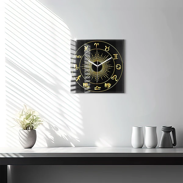 Wanduhr quadratisch Goldene Tierkreiszeichen auf schwarzem Hintergrund