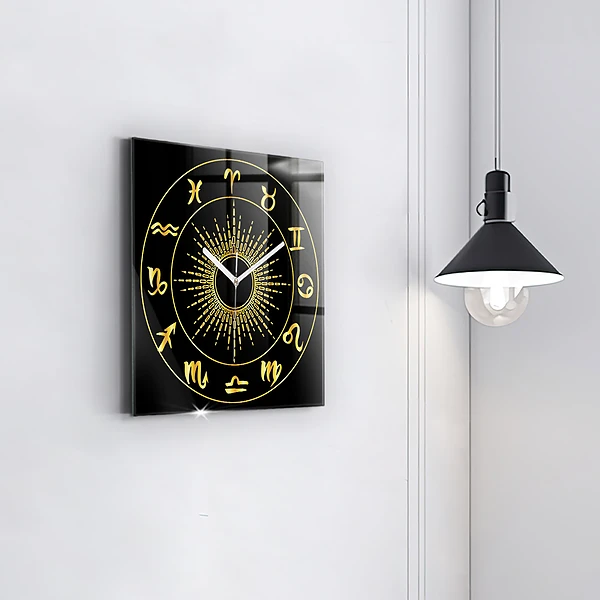 Wanduhr quadratisch Goldene Tierkreiszeichen auf schwarzem Hintergrund
