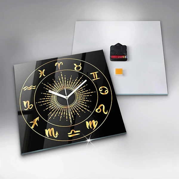 Wanduhr quadratisch Goldene Tierkreiszeichen auf schwarzem Hintergrund