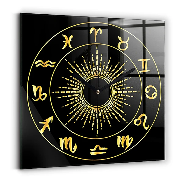 Wanduhr quadratisch Goldene Tierkreiszeichen auf schwarzem Hintergrund