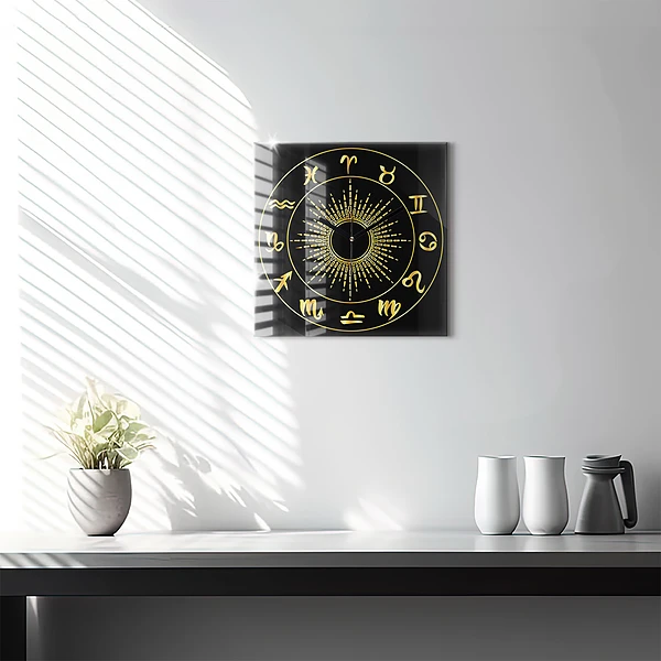 Wanduhr quadratisch Goldene Tierkreiszeichen auf schwarzem Hintergrund