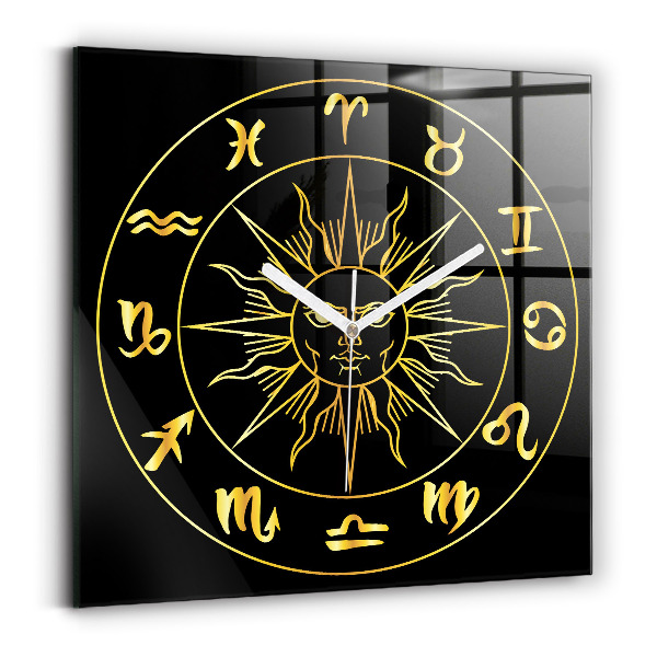 Wanduhr modern quadratisch Goldene Tierkreiszeichen mit der Sonne