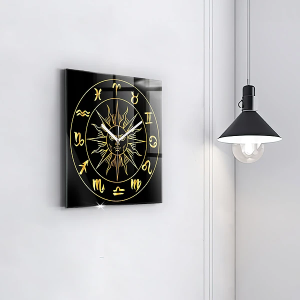Wanduhr modern quadratisch Goldene Tierkreiszeichen mit der Sonne
