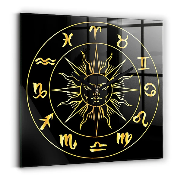 Wanduhr modern quadratisch Goldene Tierkreiszeichen mit der Sonne