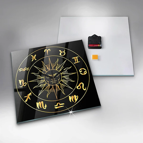 Wanduhr modern quadratisch Goldene Tierkreiszeichen mit der Sonne