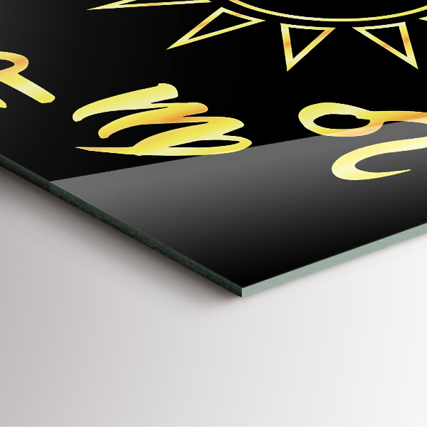 Wanduhr quadratisch mit motiv Goldene Sternzeichen auf schwarzem Hintergrund.