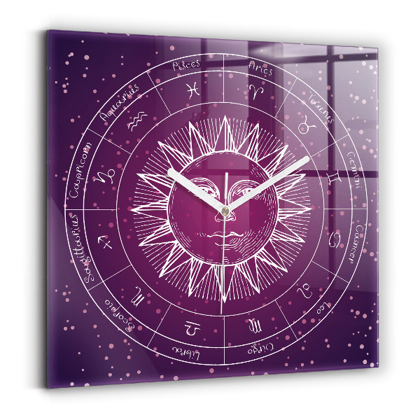 Wanduhr quadratisch Die Sternbilder des Tierkreises auf violettem Hintergrund
