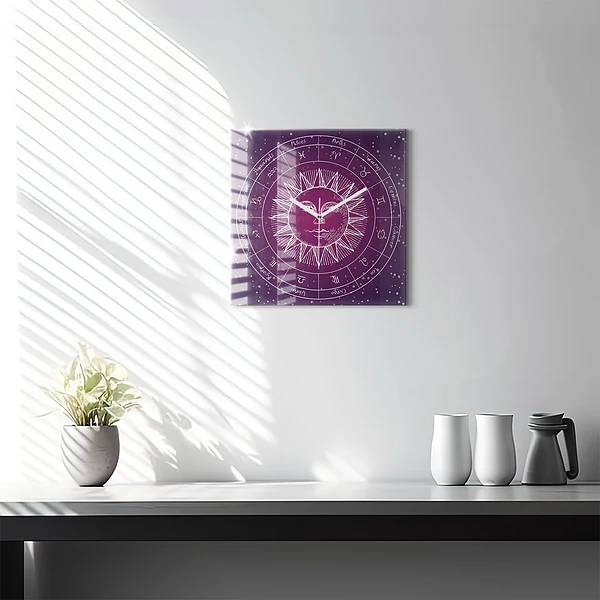Wanduhr quadratisch Die Sternbilder des Tierkreises auf violettem Hintergrund