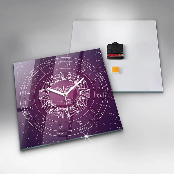 Wanduhr quadratisch Die Sternbilder des Tierkreises auf violettem Hintergrund