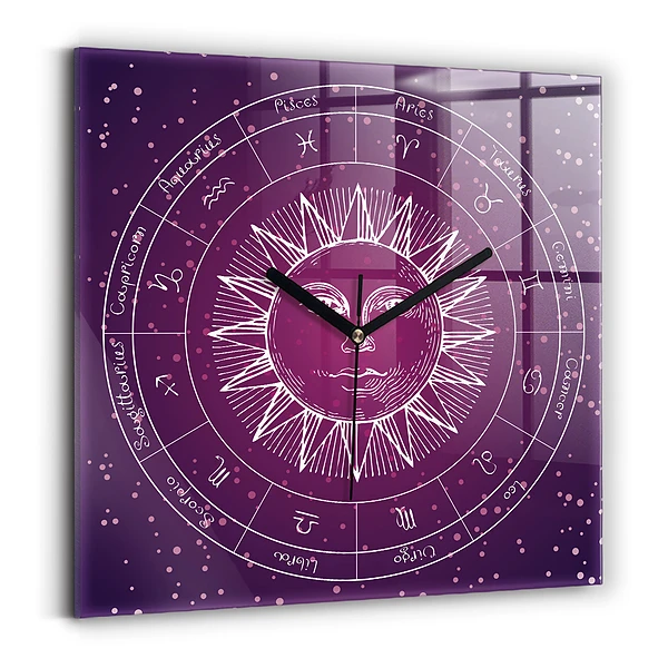 Wanduhr quadratisch Die Sternbilder des Tierkreises auf violettem Hintergrund