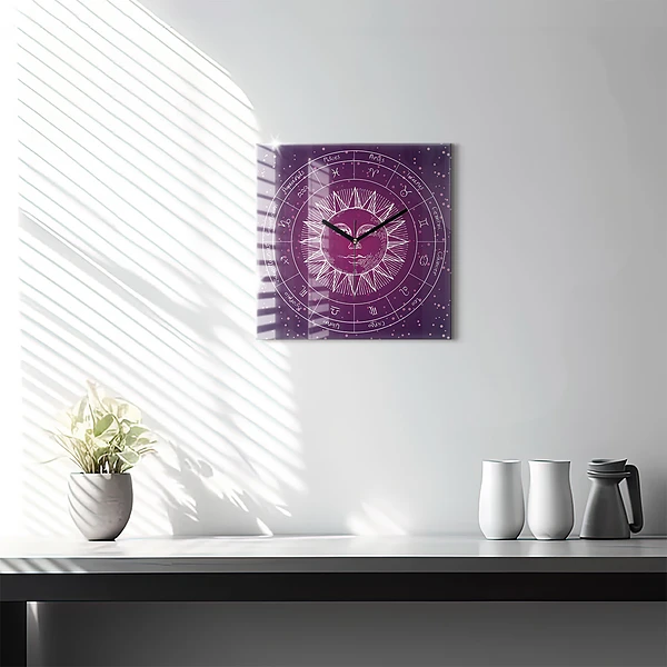 Wanduhr quadratisch Die Sternbilder des Tierkreises auf violettem Hintergrund