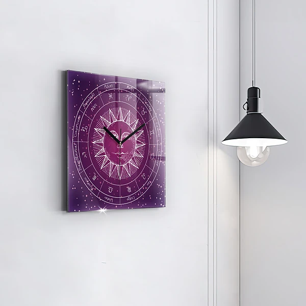 Wanduhr quadratisch Die Sternbilder des Tierkreises auf violettem Hintergrund