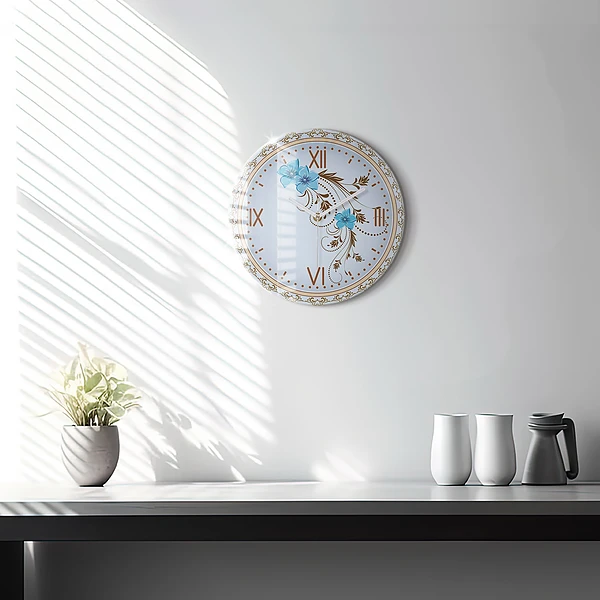 Wanduhr rund Blaue Blumen
