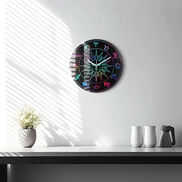 Wanduhr glas rund Regenbogen-Sternzeichen und Sonne