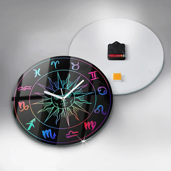 Wanduhr glas rund Regenbogen-Sternzeichen und Sonne