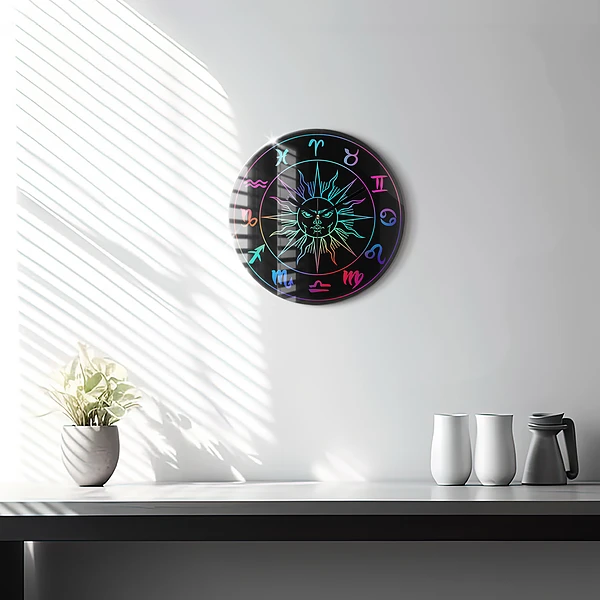 Wanduhr glas rund Regenbogen-Sternzeichen und Sonne