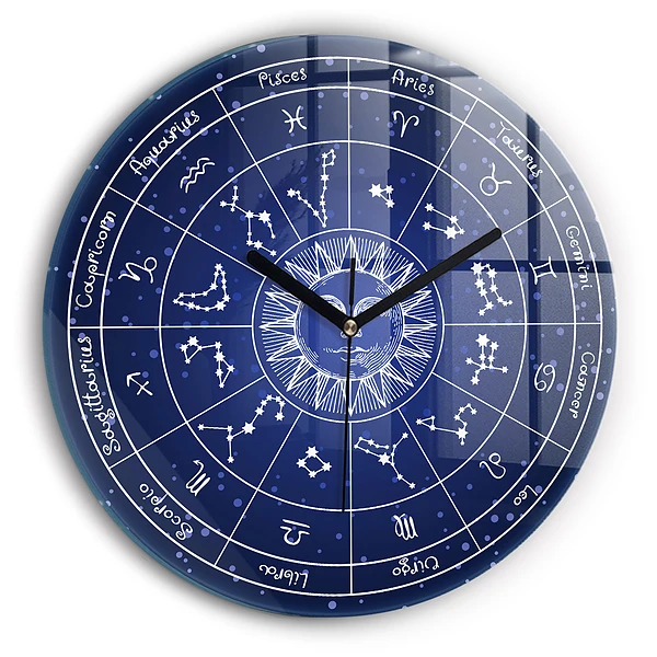 Wanduhr rund mit motiv Die Sternbilder des Tierkreises auf blauem Hintergrund