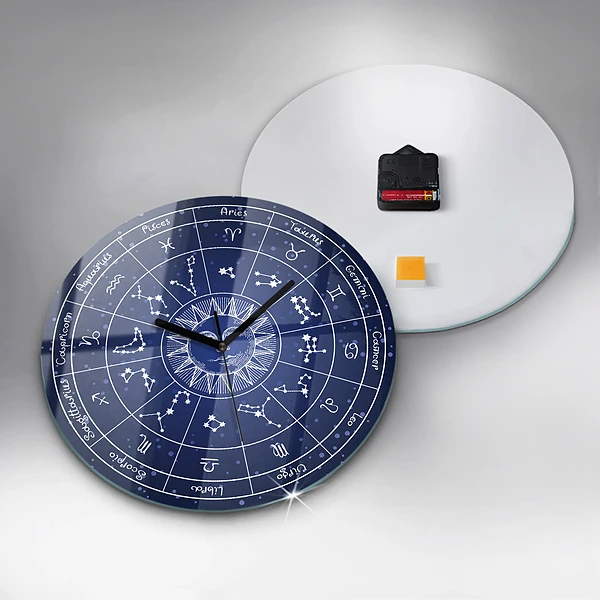 Wanduhr rund mit motiv Die Sternbilder des Tierkreises auf blauem Hintergrund