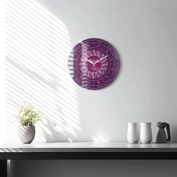 Wanduhr glas rund Die Sternbilder des Tierkreises auf violettem Hintergrund