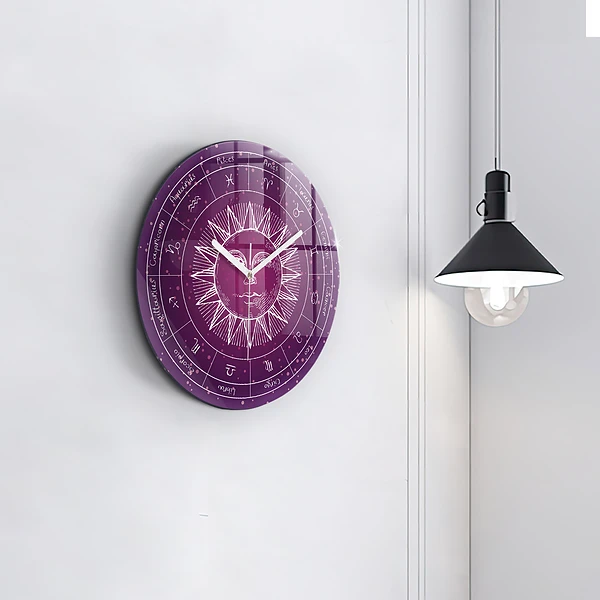 Wanduhr glas rund Die Sternbilder des Tierkreises auf violettem Hintergrund
