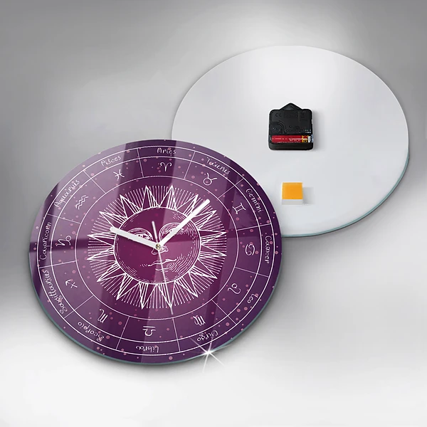 Wanduhr glas rund Die Sternbilder des Tierkreises auf violettem Hintergrund