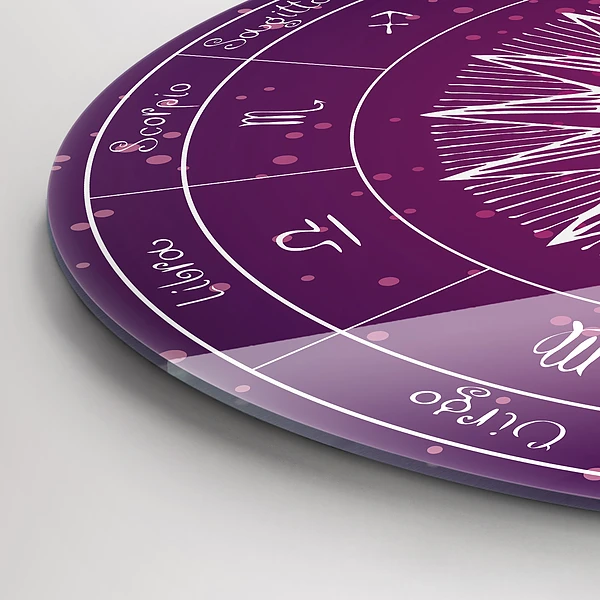 Wanduhr glas rund Die Sternbilder des Tierkreises auf violettem Hintergrund