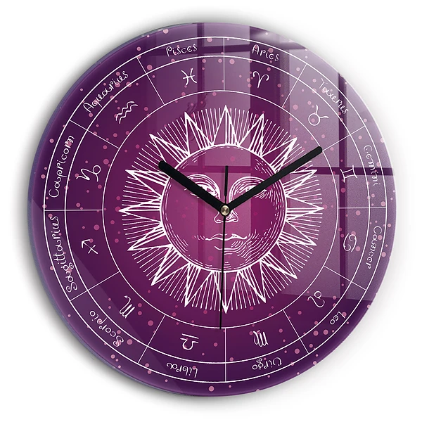 Wanduhr glas rund Die Sternbilder des Tierkreises auf violettem Hintergrund