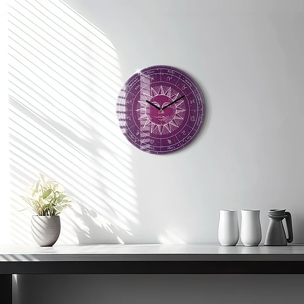 Wanduhr glas rund Die Sternbilder des Tierkreises auf violettem Hintergrund