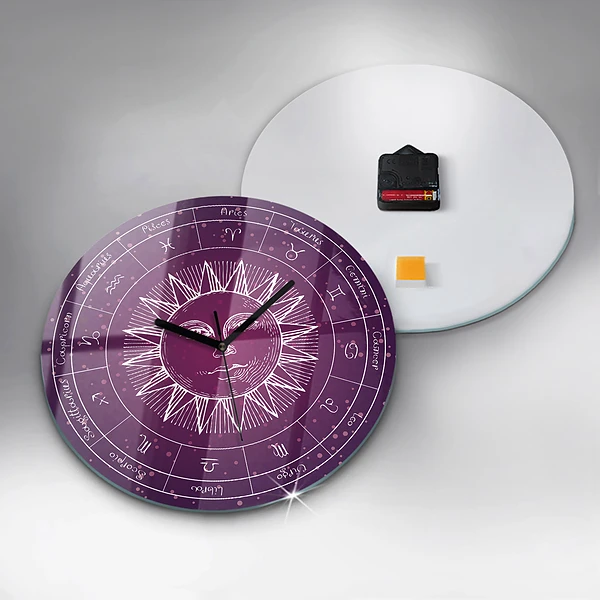 Wanduhr glas rund Die Sternbilder des Tierkreises auf violettem Hintergrund