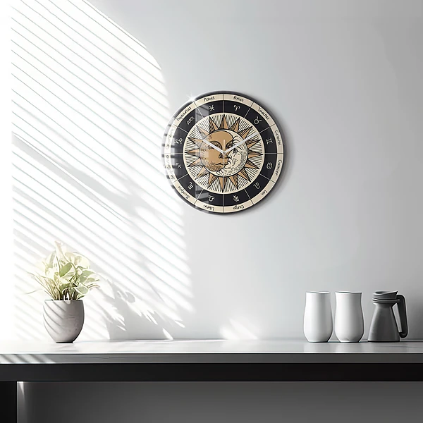 Wanduhr rund mit motiv Die Sonne und die Tierkreiszeichen