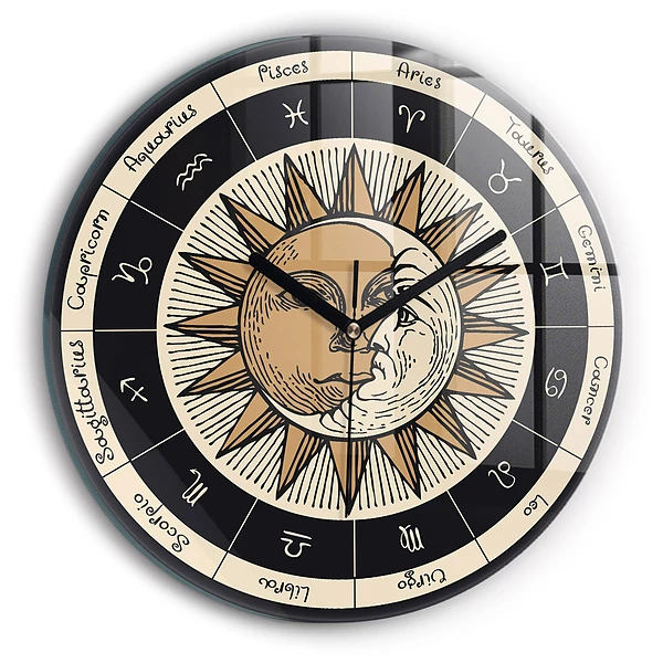 Wanduhr rund mit motiv Die Sonne und die Tierkreiszeichen
