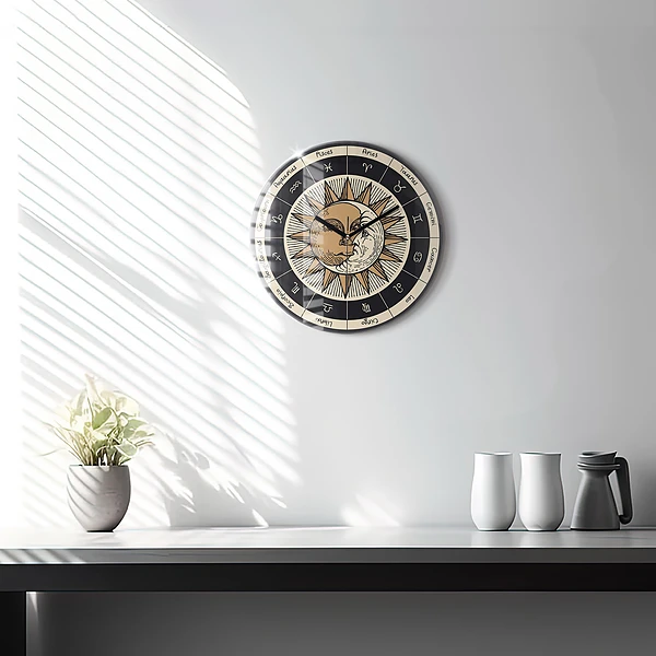 Wanduhr rund mit motiv Die Sonne und die Tierkreiszeichen
